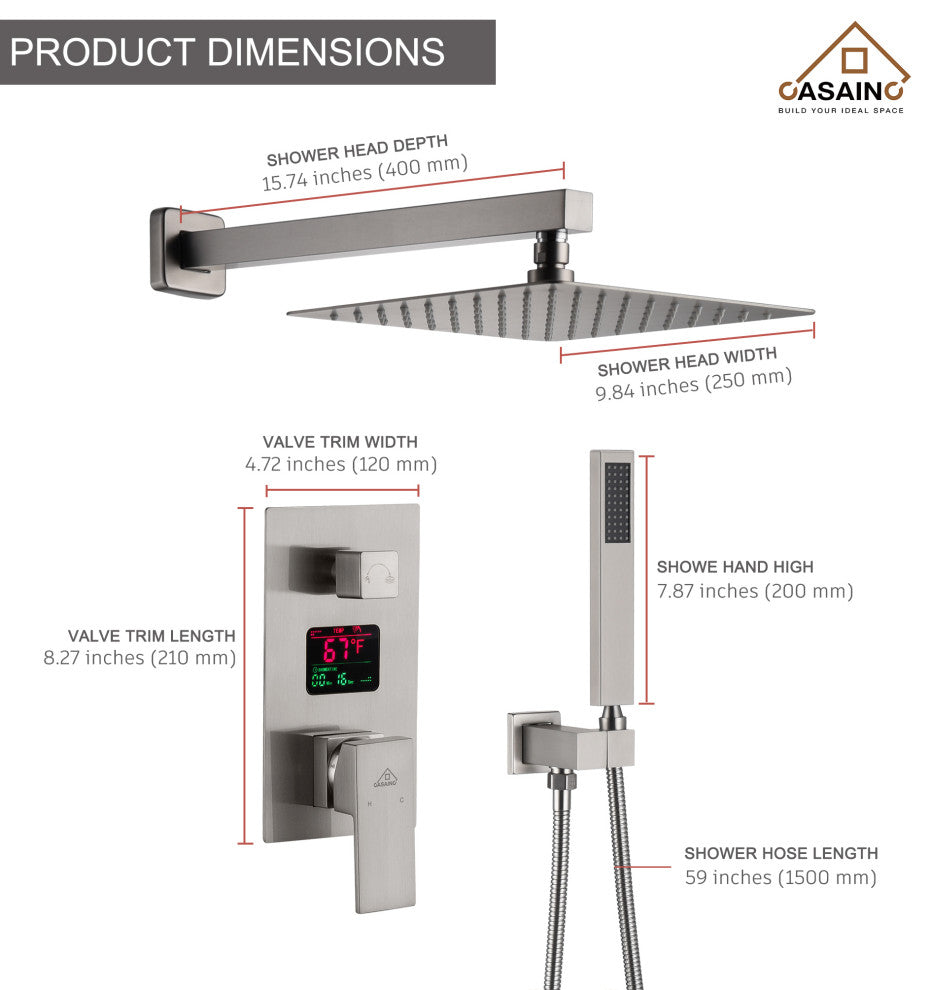 CASAINC 10" Wall Mounted Luxury Shower System Set with Digital Temp Display, Brushed Nickel