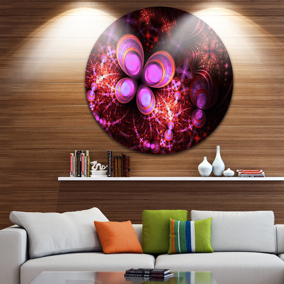 Glowing Purple Pink Fractal Flower, Floral Disc Metal Artwork, 36"