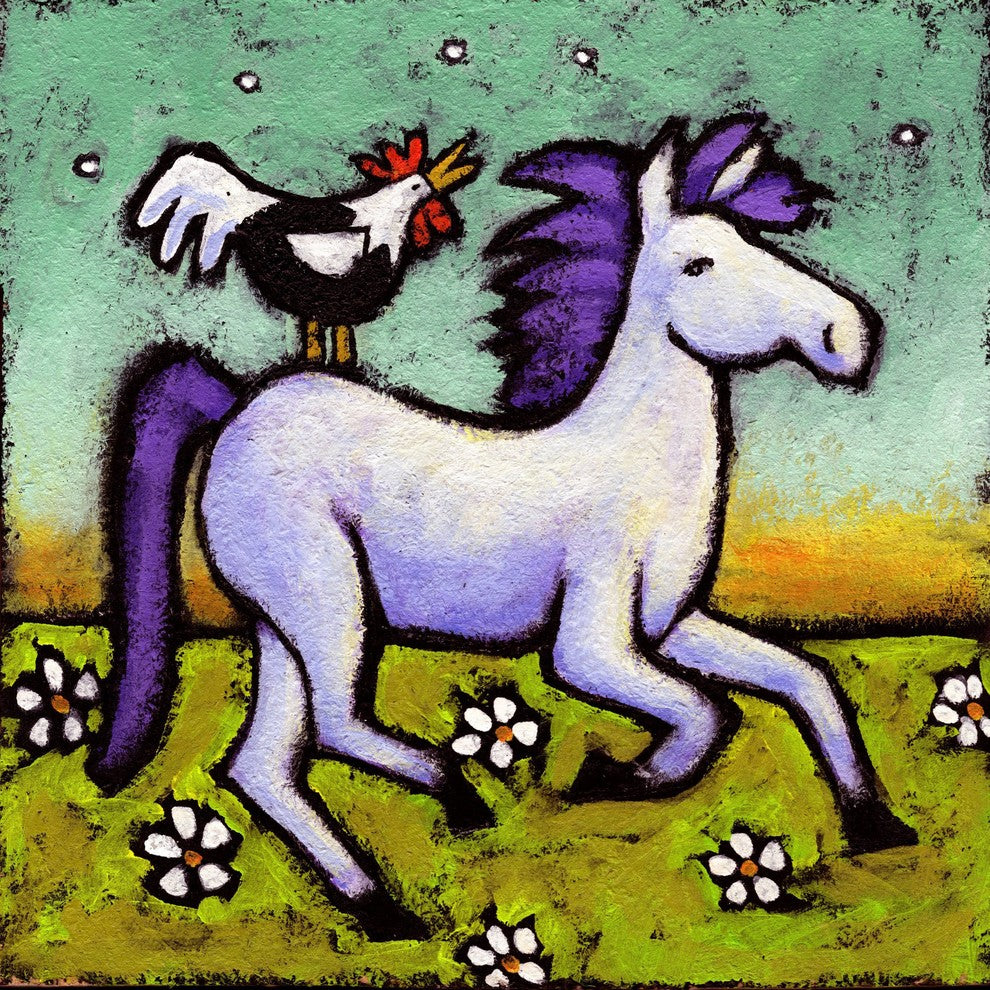 Marmont Hill, "Rooster Rides a Horse" by Janet Nelson on Wrapped Canvas, 18x18