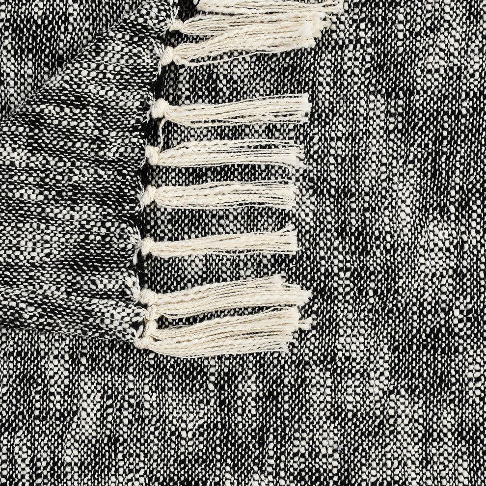 Boho Chambray Throw Blanket with Fringe, Jet Black