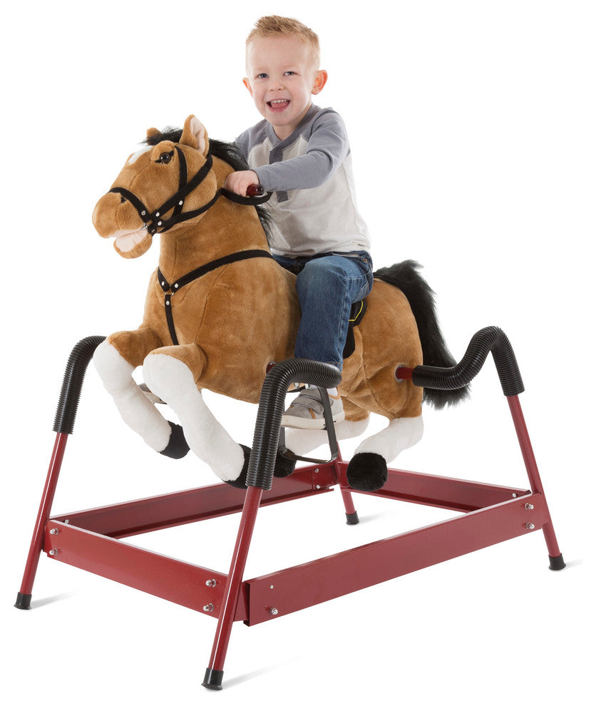 Spring Rocking Horse Plush Ride on Toy with Stirrups and Sounds, Brown