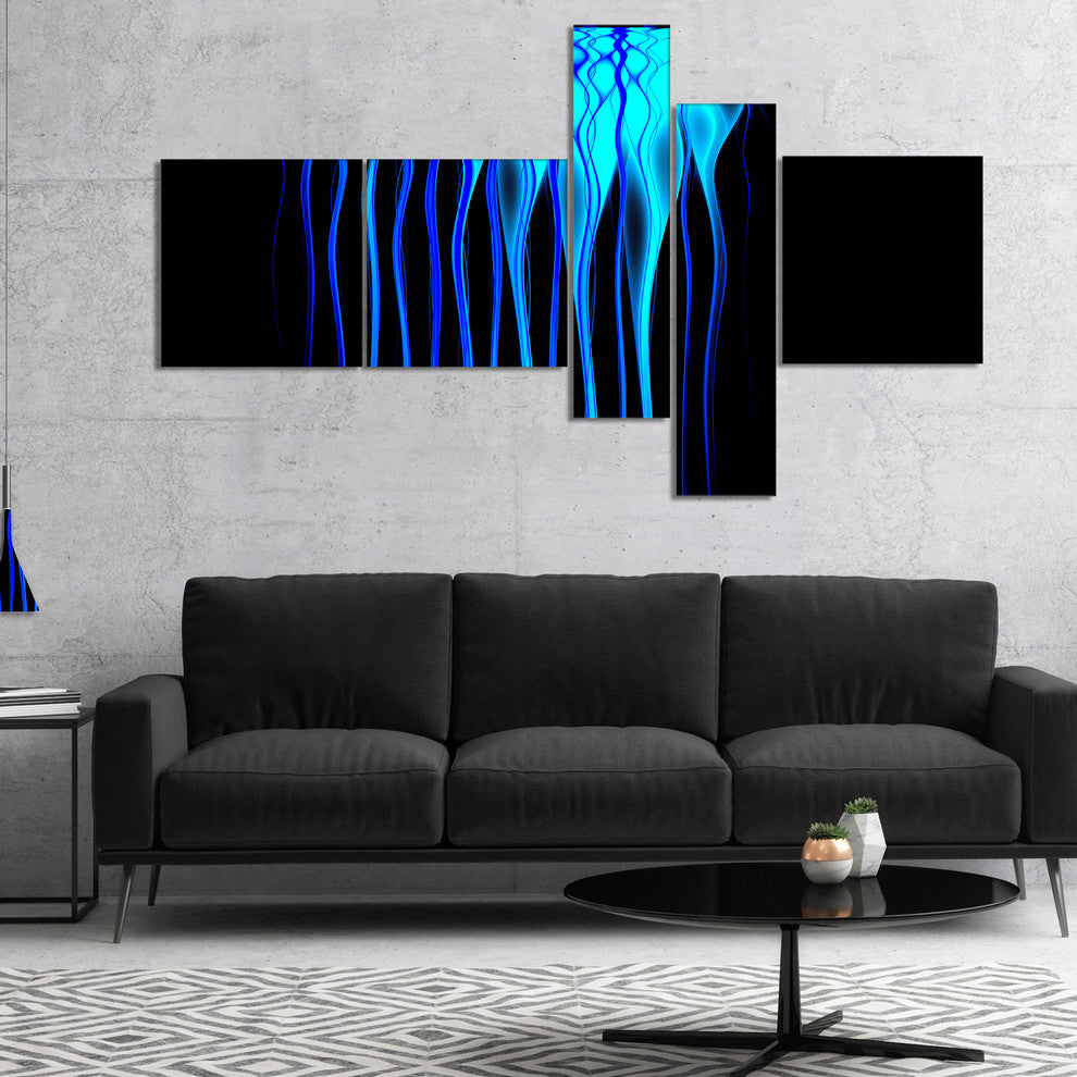Blue Flames Fractal Pattern, Abstract Art on Canvas, 60"x32", 5 panels