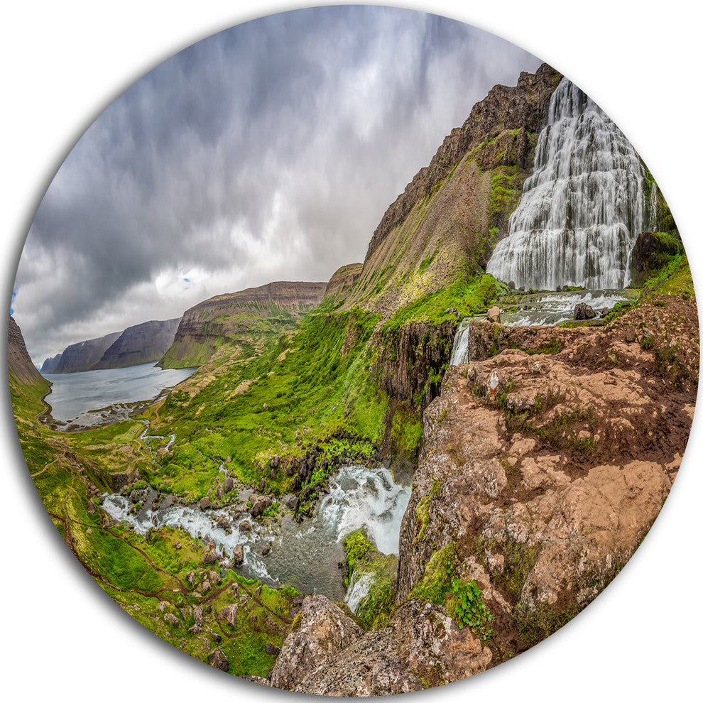 Dyjandi Waterfall Iceland Panorama, Landscape Disc Metal Wall Art, 38"