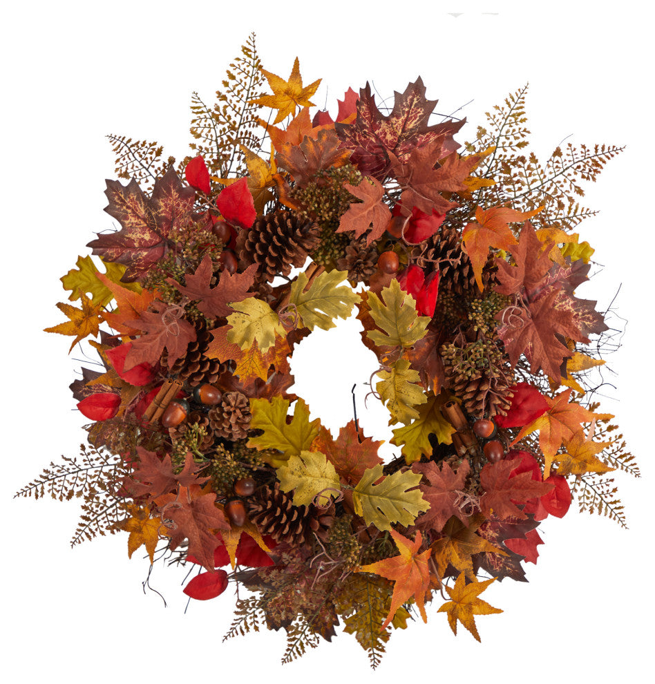 30" Autumn Maple Leaves, Acorn, Pinecones and Cinnamon Sticks Faux Fall Wreath