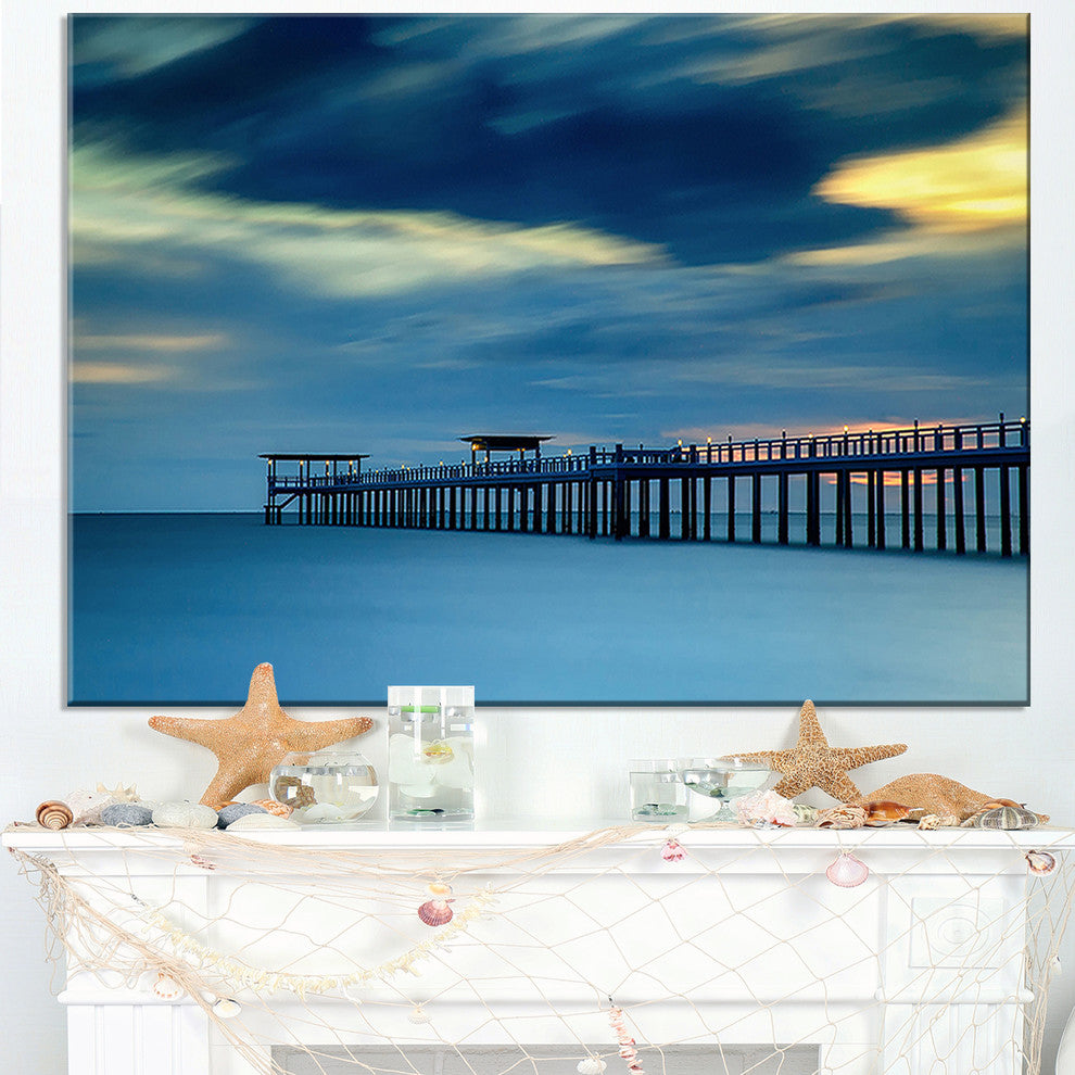 "Wooden Pier and Turquoise Seashore" Sea Pier and Bridge Art Canvas, 40"x20"