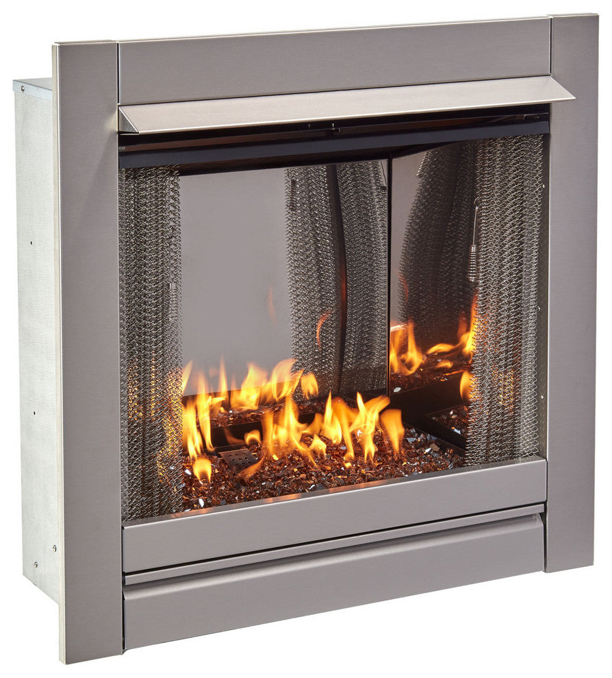 Vent-Free Stainless Outdoor Gas Fireplace Insert, Black Fire Glass Media