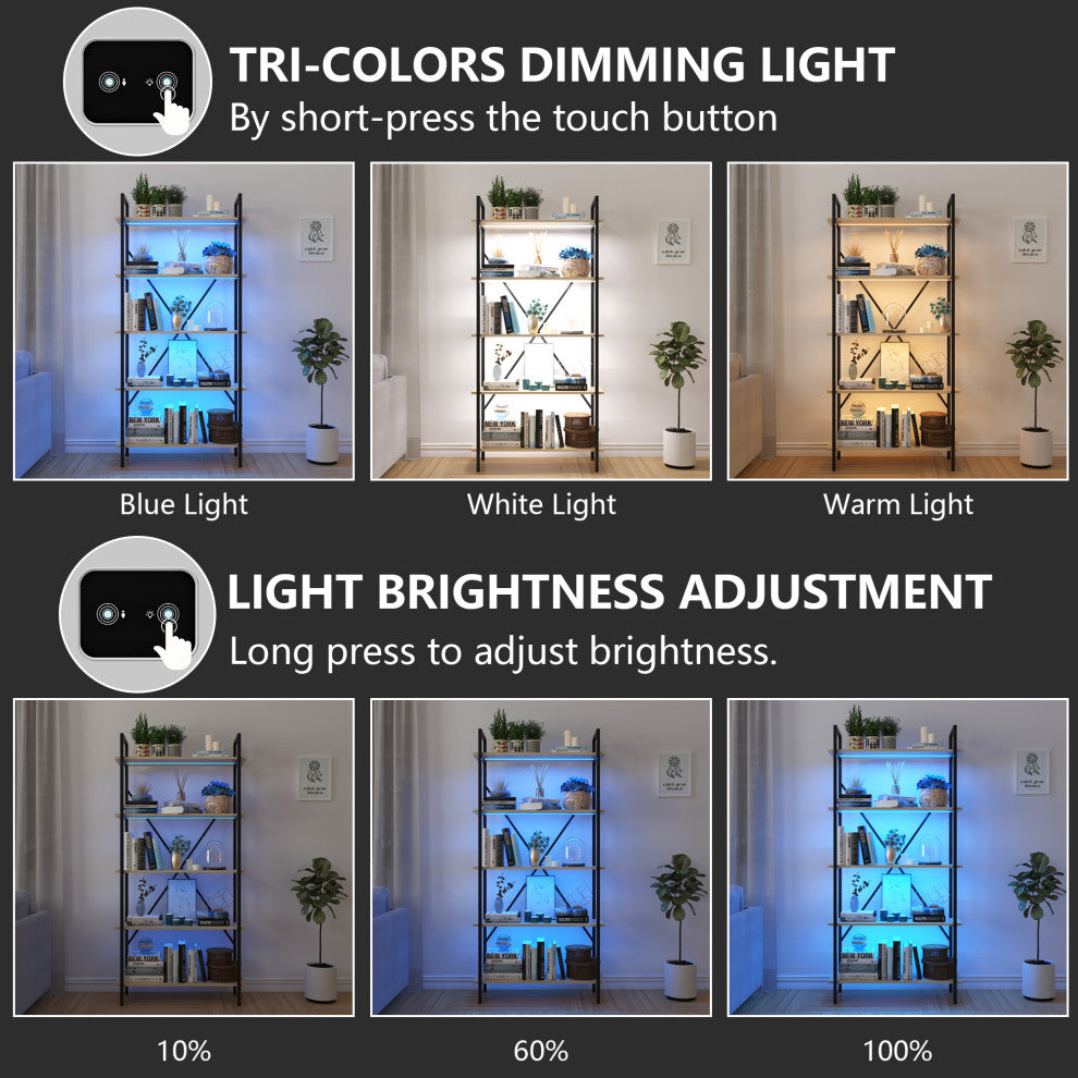 Multifunctional Smart Industrial 5-Shelf Bookcase W/ Tricolor Dimming LED Light,