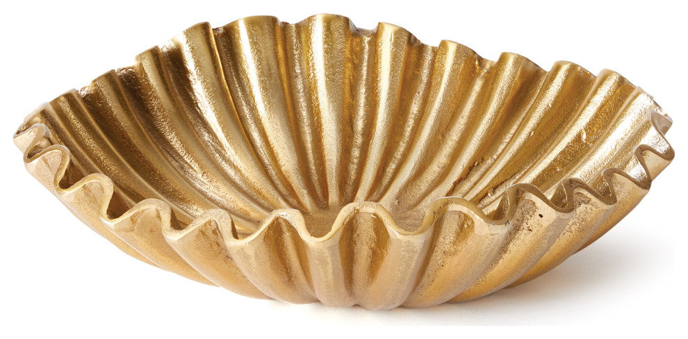 Modern Gold Metal Ruffled Ridged Decorative Bowl Organic Shape Round C