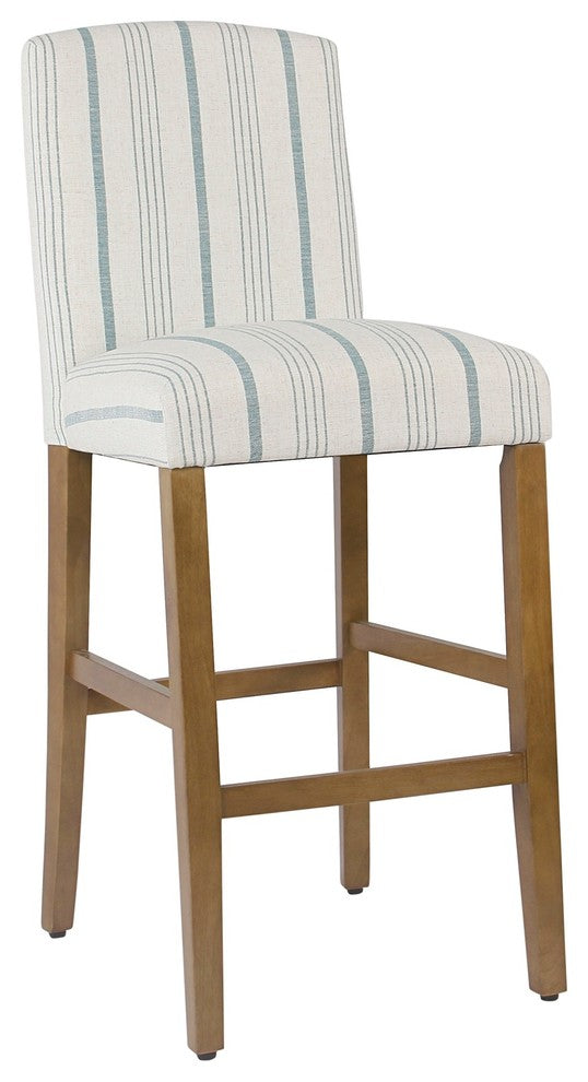Benzara BM195198 Fabric Wood Barstool with Striped Cushioned Seat, White & Blue