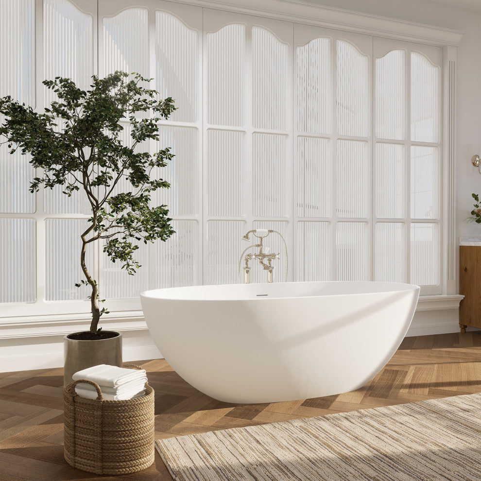 Euston Flatbottom Freestanding Solid Surface Soaking Bathtub, Matte White, 65inch