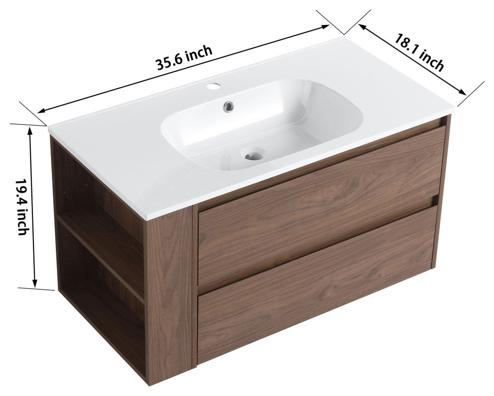 36" Plywood Wall Mounting Bath Vanity Set, Brown Oak, Gel Sink