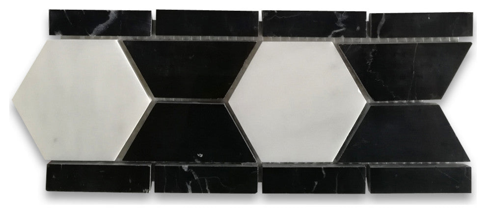 Carrera White Marble 3" Hexagon Mosaic Border Listello Tile Polished, 1 sheet