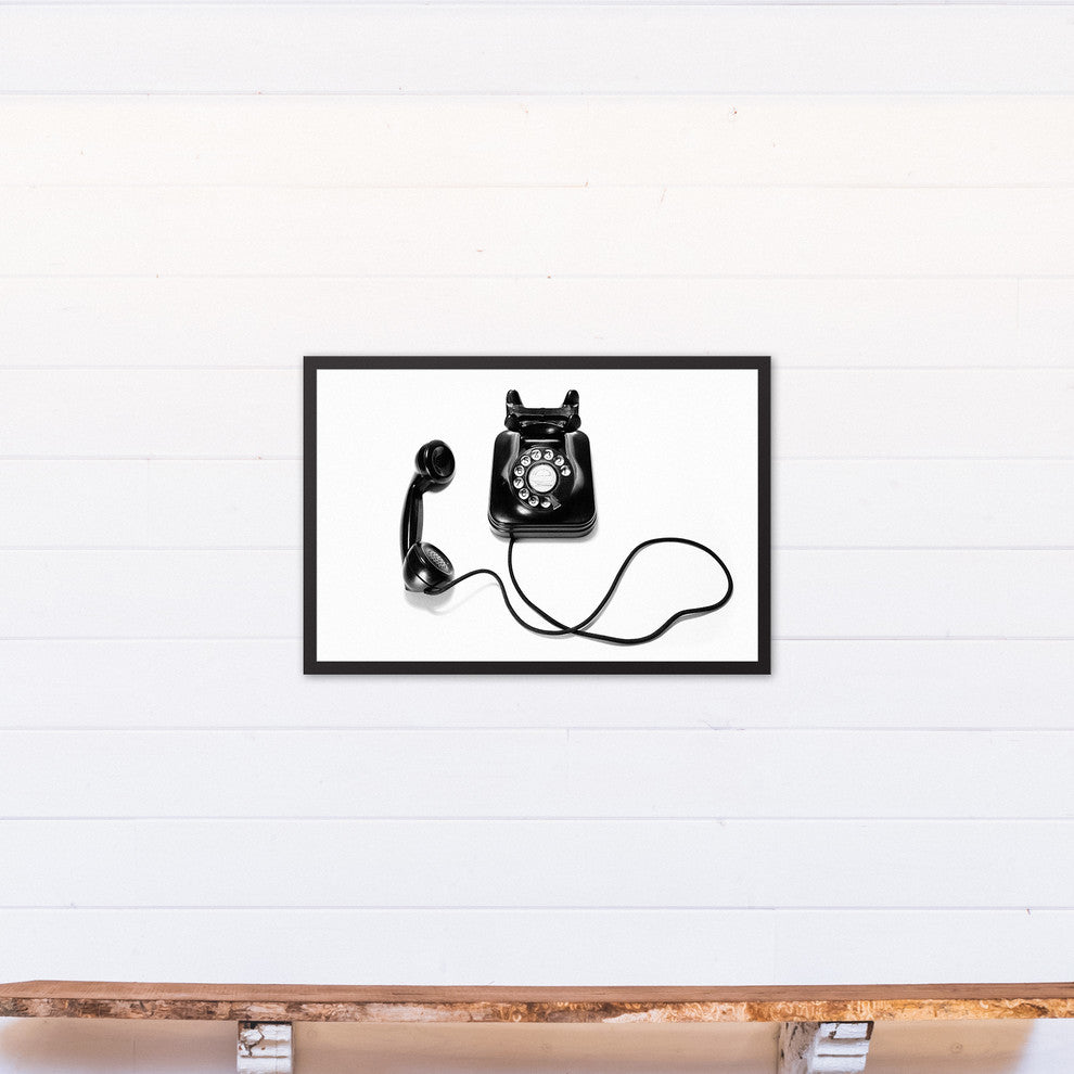 Black and White Vintage Telephone 20x30 Black Framed Canvas