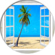 Open Window To Beach With Palm, Seashore Round Wall Art, 11"