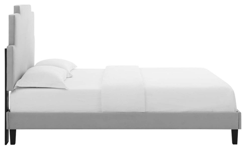 Lindsey Performance Velvet Twin Platform Bed, Light Gray