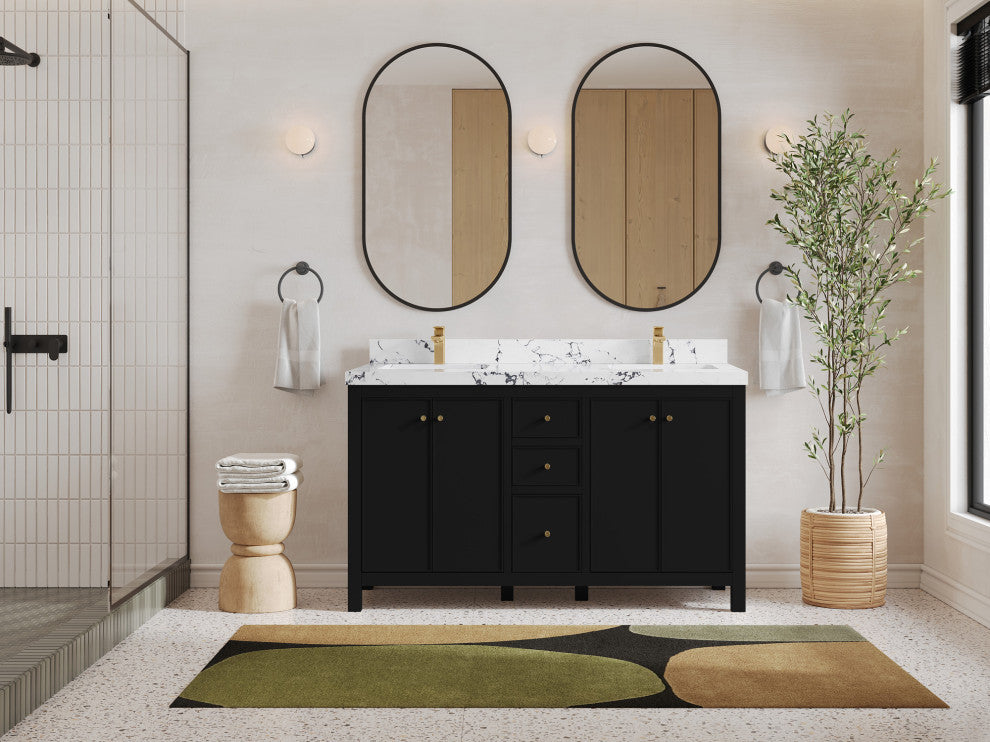 Chicago 60" Double Sink Bathroom Vanity, Black 2" Viola Night