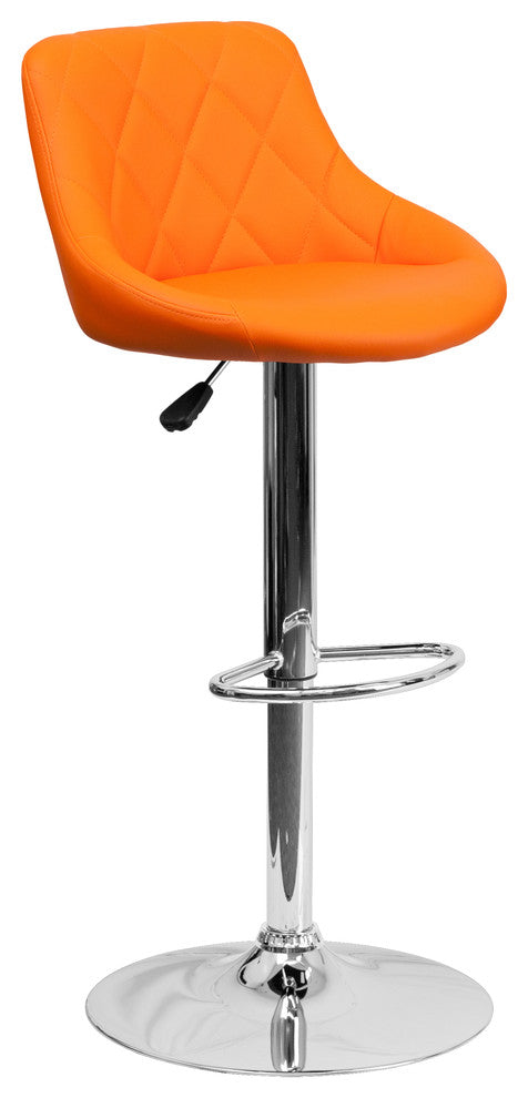 Contemporary Orange Vinyl Bucket Seat Adjustable Barstool With Chrome Base