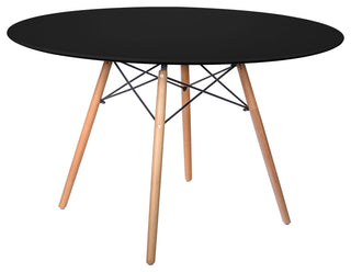 Dover Modern Round Dining Table with Natural Wood Eiffel Base & Mid-Century Top, Black