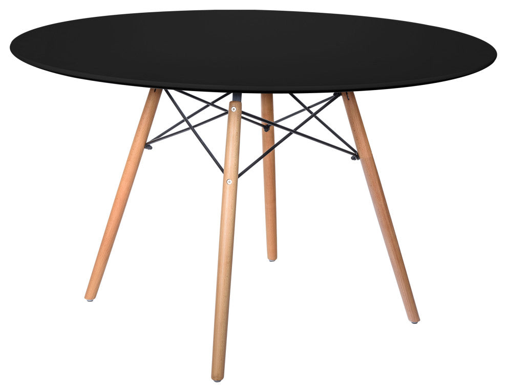 Dover Modern Round Dining Table with Natural Wood Eiffel Base & Mid-Century Top, Black