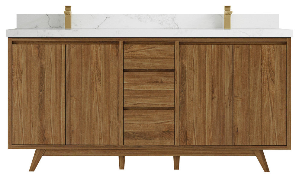 Madison Teak 72 Double Sink Bath Vanity in Dark Natural 2" Calacatta Nuvo