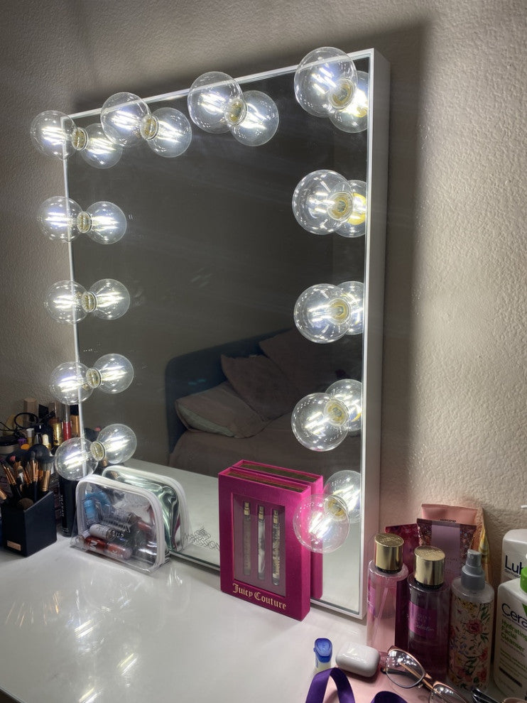 Hollywood Glow XL Vanity Mirror, Glossy White, Clear Led Globe Bulbs