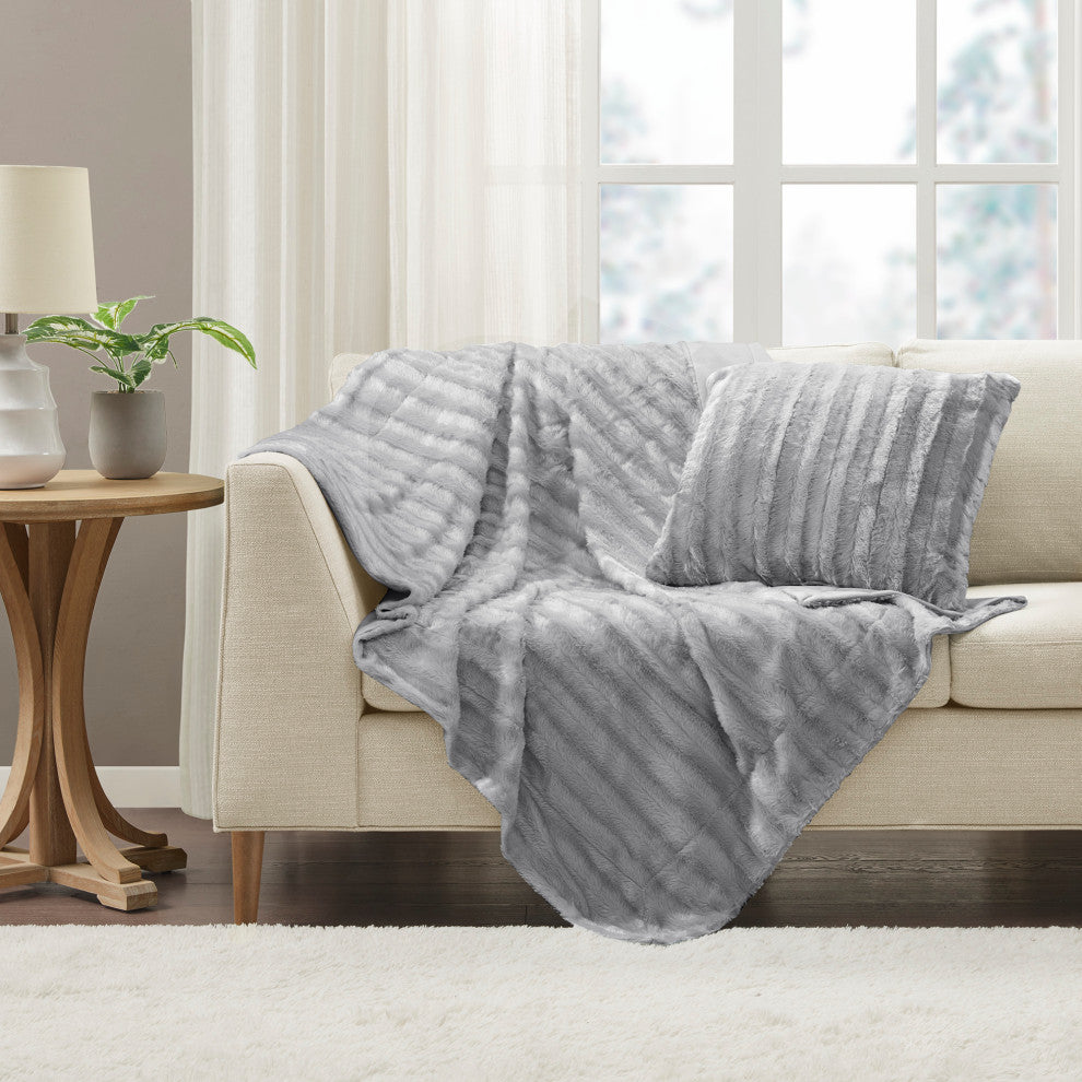Madison Park Solid Stripe Plaited Brushed Long Fur Knitted Throw, Gray