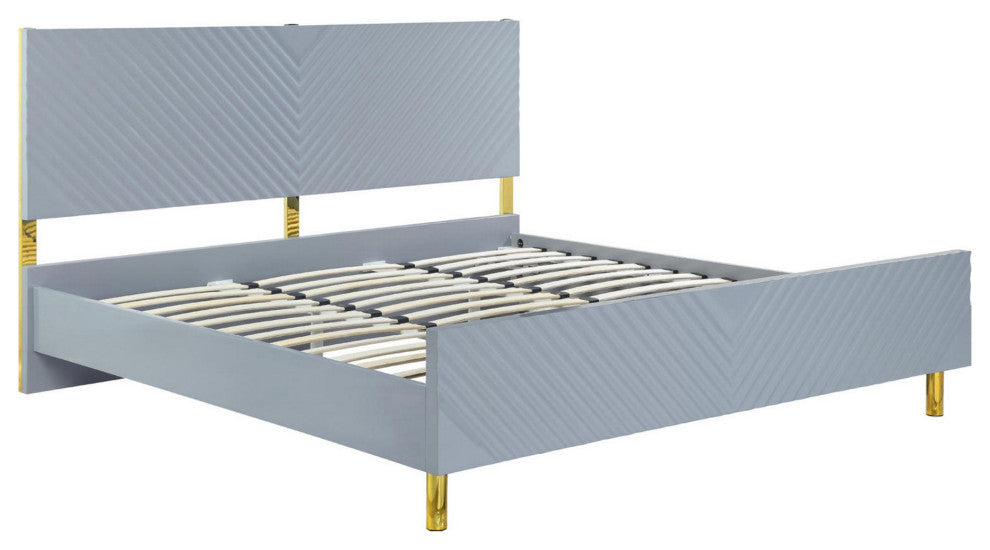 Benzara BM284004 Modern King Bed, Panel Headboard, Luxury Textured Gray, Gold