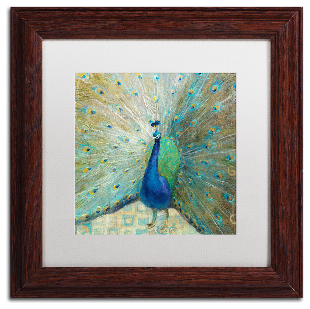 'Blue Peacock on Gold' Matted Framed Canvas Art by Danhui Nai