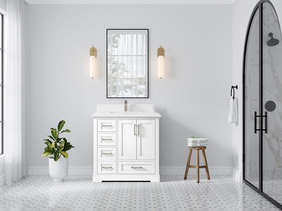 Boston 36 Center Sink Bath Vanity in White 1.5" White Quartz