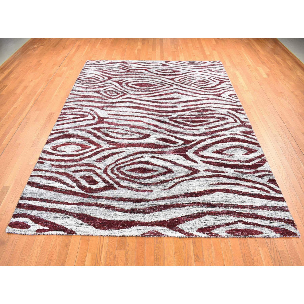 Ivory Man Made Silk Hand Knotted With Tree Bark Design Oriental Rug 9'x11'7"