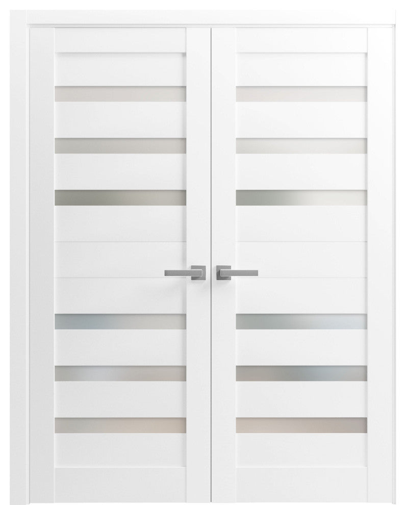 Interior French Double Doors Frosted Glass|Quadro 4266 White Silk -48x80