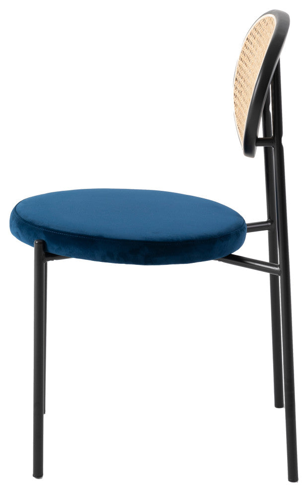LeisureMod Euston Dining Chair with Wicker Back & Velvet Seat Set of 2, Navy Blue
