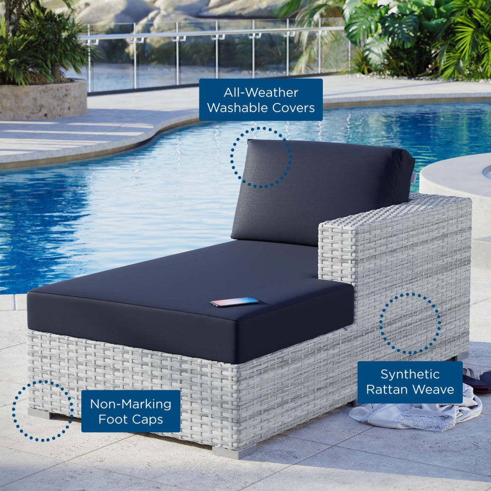 Lounge Chair Chaise, Rattan, Wicker, Gray Blue Navy, Modern, Outdoor Patio