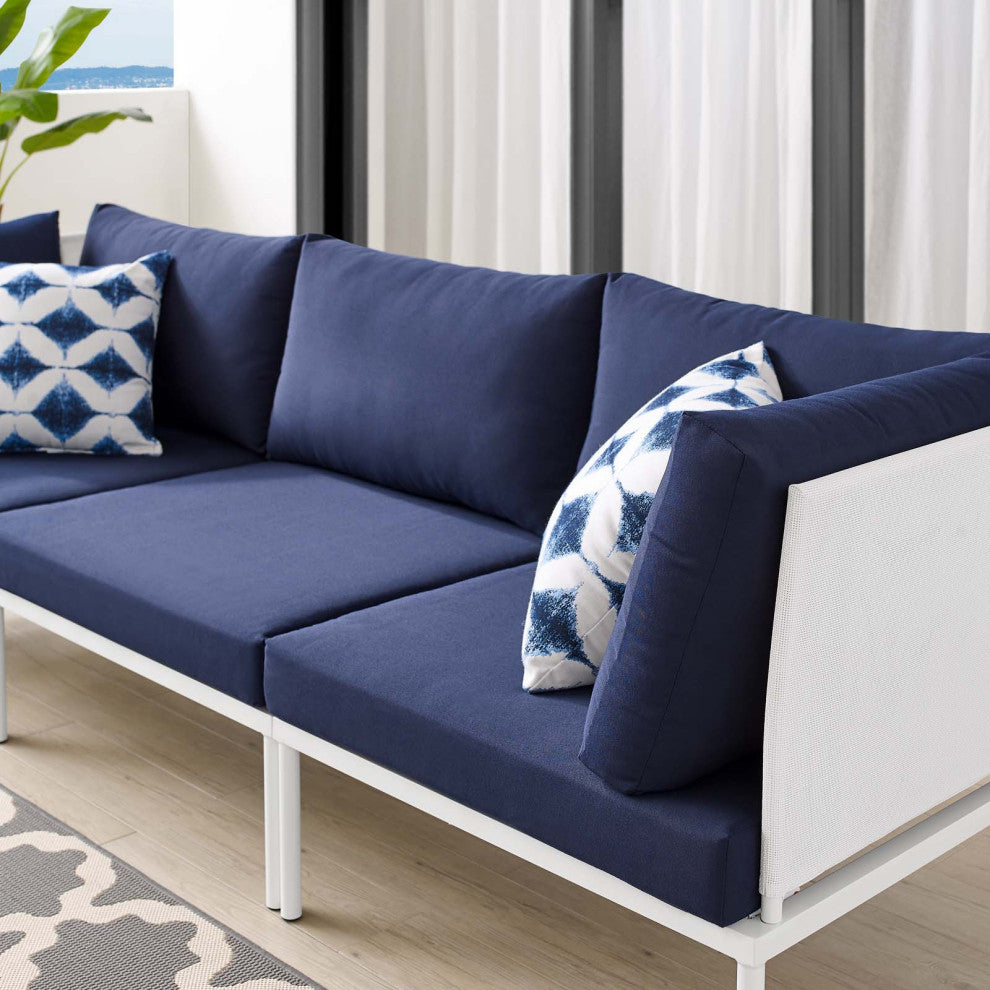 Lounge Sofa, Sunbrella, Aluminum, Metal, White Blue Navy, Modern, Outdoor Patio