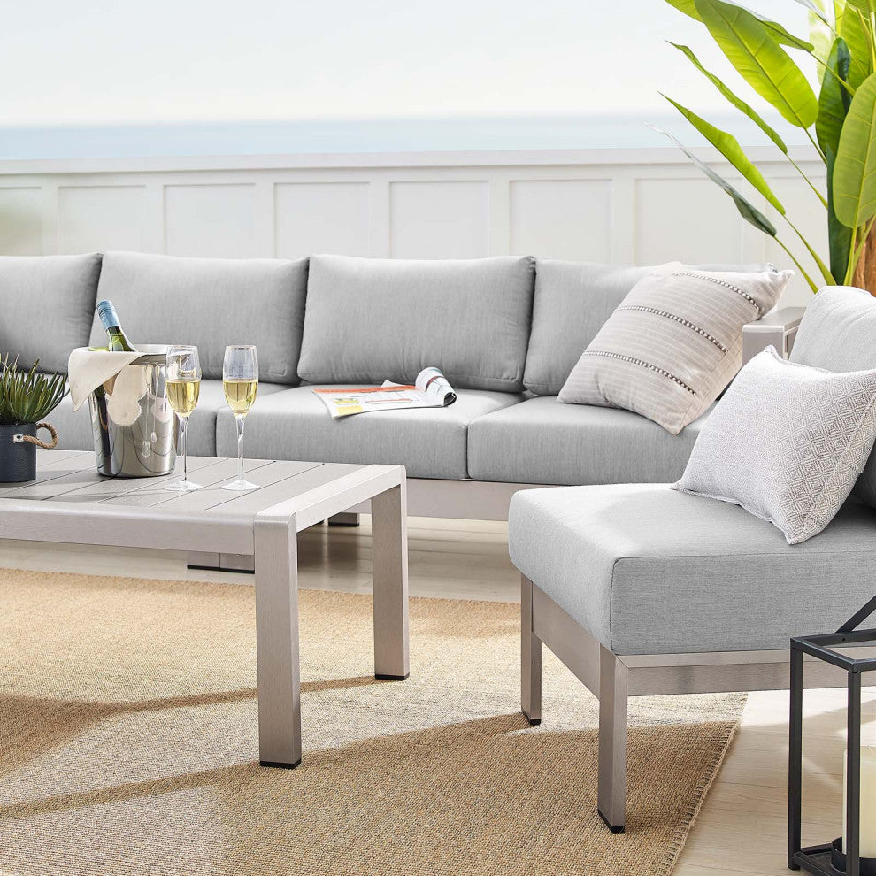 Sectional Sofa Chair Table Set, Sunbrella, Aluminum, Silver Gray, Outdoor