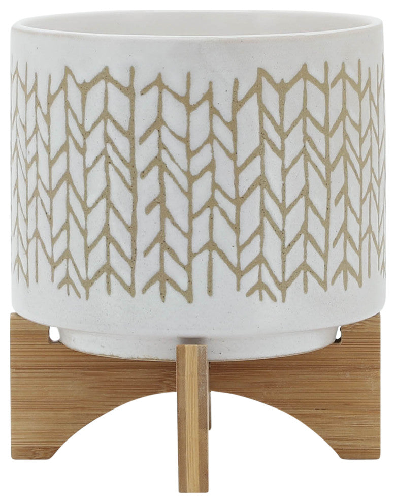 8" Chevron Planter With Wood Stand, Beige
