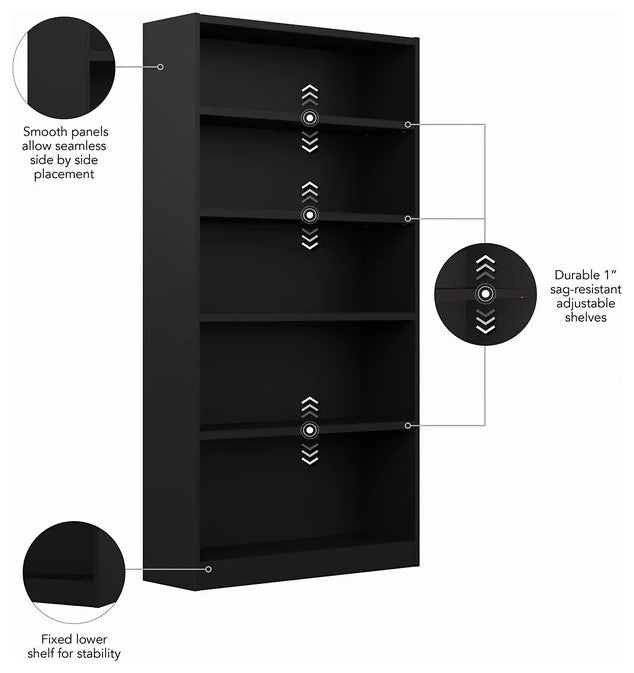 Traditional Bookcase, Open Compartments With Adjustable Shelves, Black