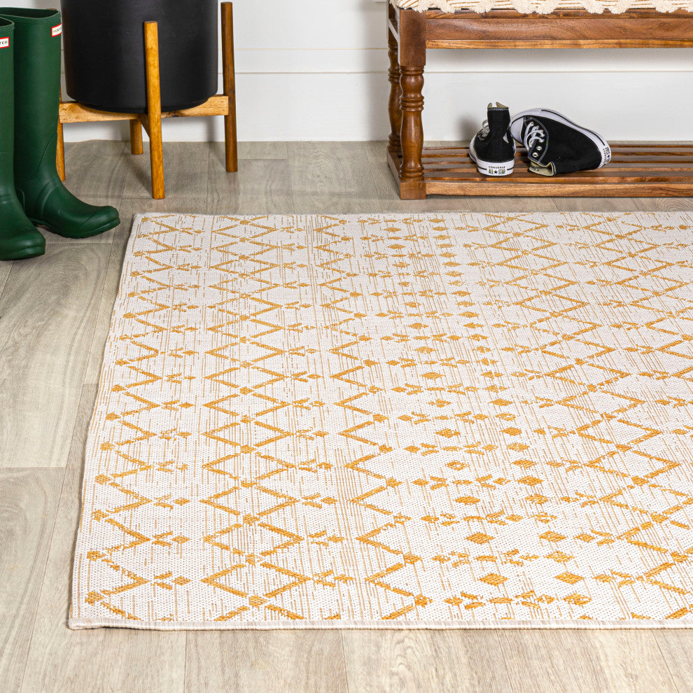 Ourika Moroccan Geometric Indoor/Outdoor Rug, Cream/Yellow, 4x6