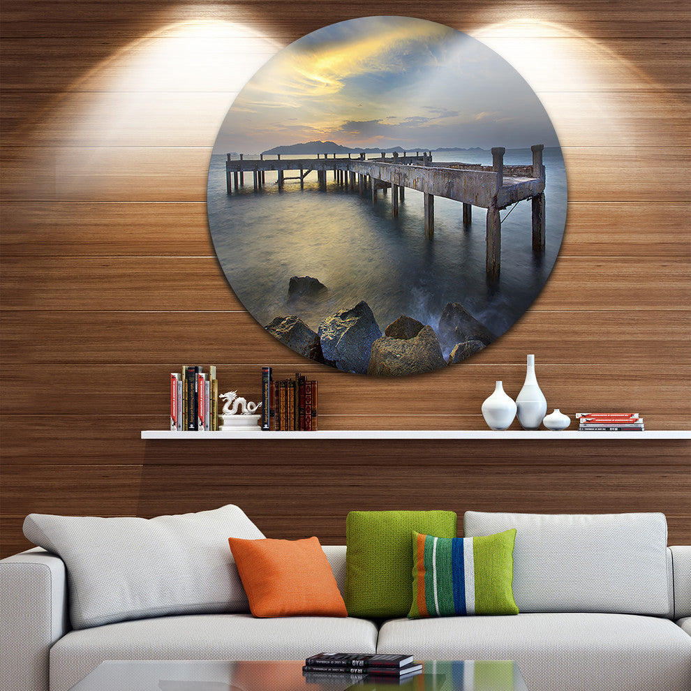 Old Wood Boat Jetty Into Blue Sea, Sea Bridge Round Wall Art, 11"