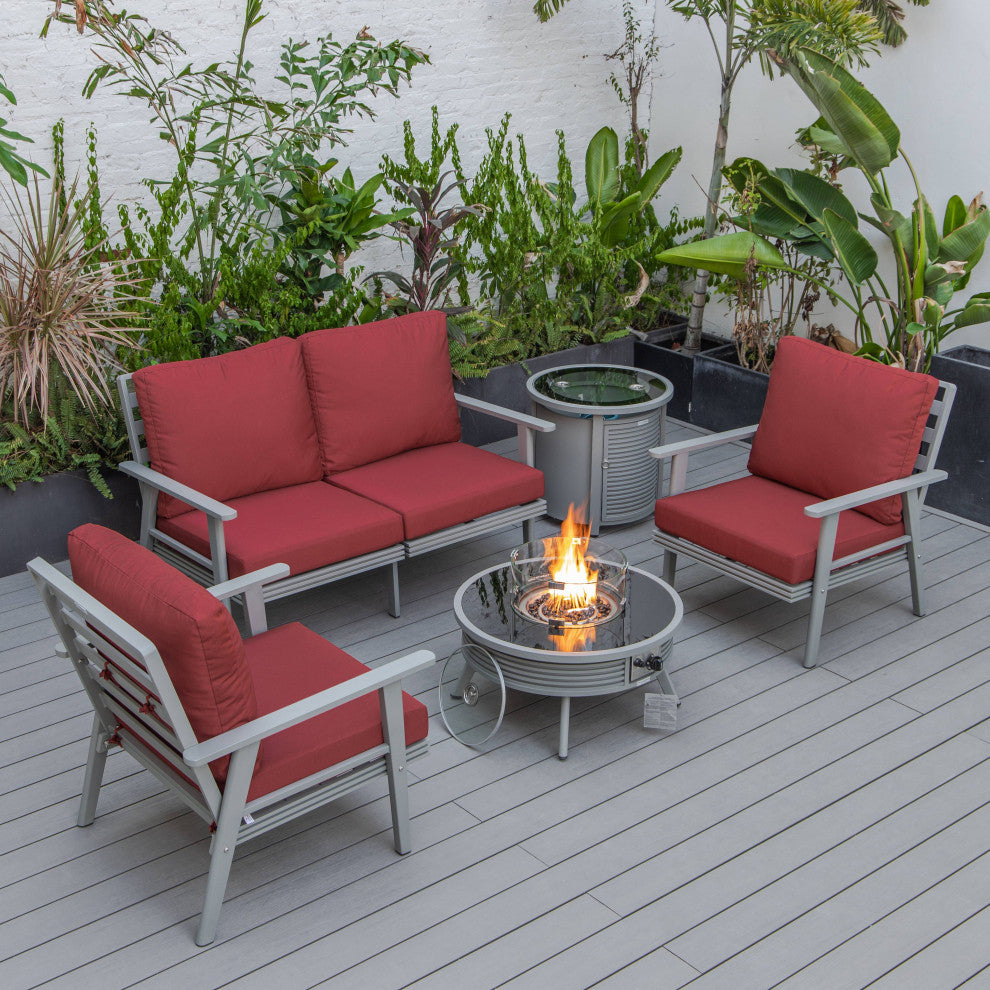 LeisureMod Walbrooke Patio Sofa Set With Round Fire Pit Table, Red
