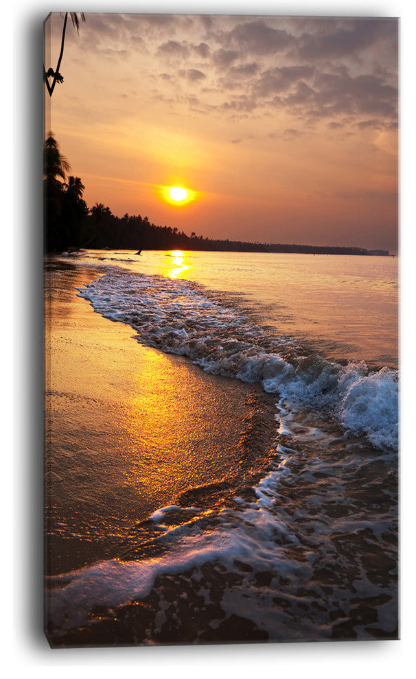 "White Foaming Waves At Sunset" Modern Beach Canvas Art Print, 16"x32"