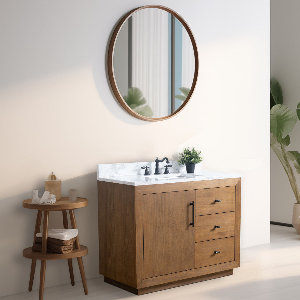 Vanity Art Bathroom Vanity With Sink, Tan, 42" Single, Arabescato White Engineered Marble Top
