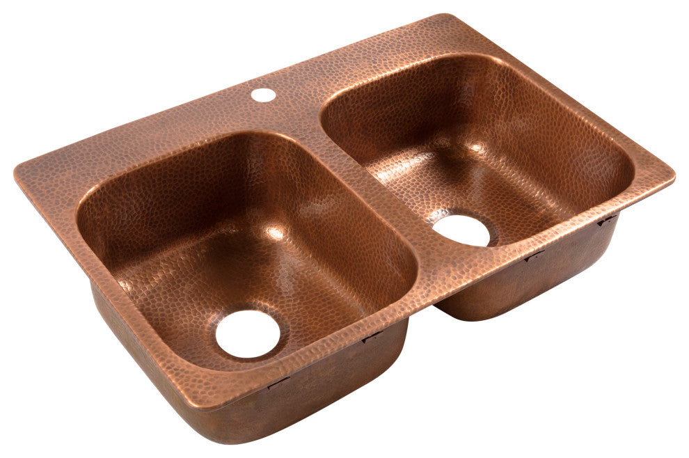 Angelico Copper 33" Double Bowl Drop-In Kitchen Sink With 1 Hole