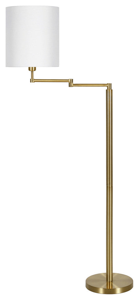 62" Brass Swing Arm Floor Lamp With White Frosted Glass Drum Shade