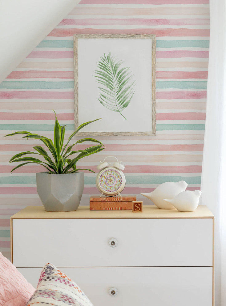 Watercolor Stripes Peel and Stick Vinyl Wallpaper, Coral Mint, 24"w X 60"h