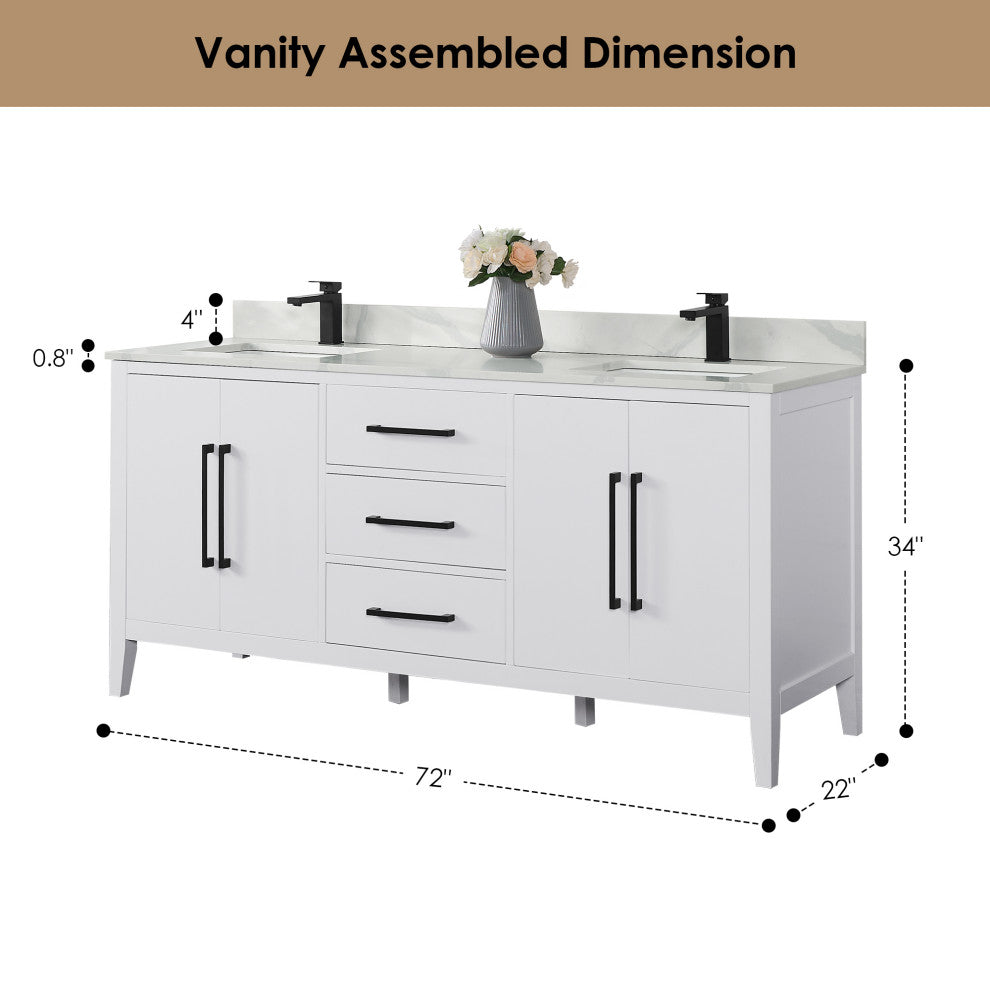Laurel Bathroom Vanity with Calacatta White Quartz Stone Countertop, White, 72", With Mirror