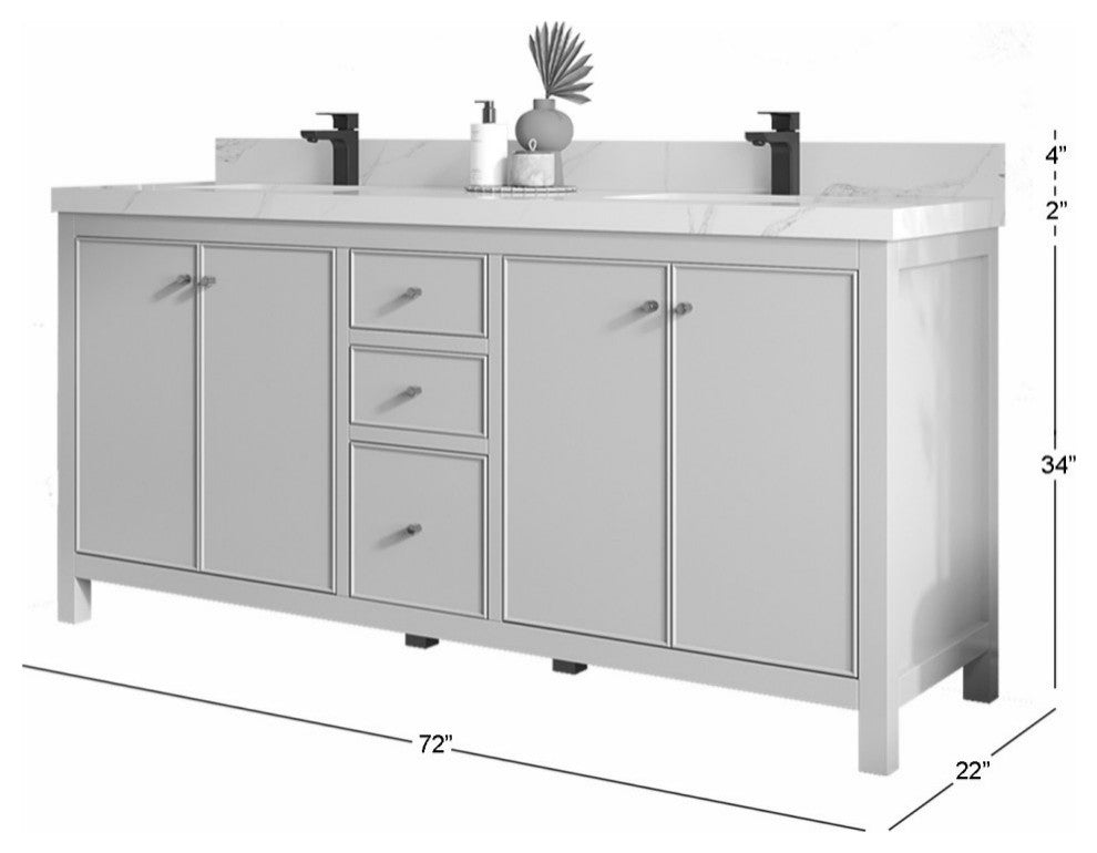 Chicago 72" Double Sink Bathroom Vanity, Fine Grain 2" White Quartz