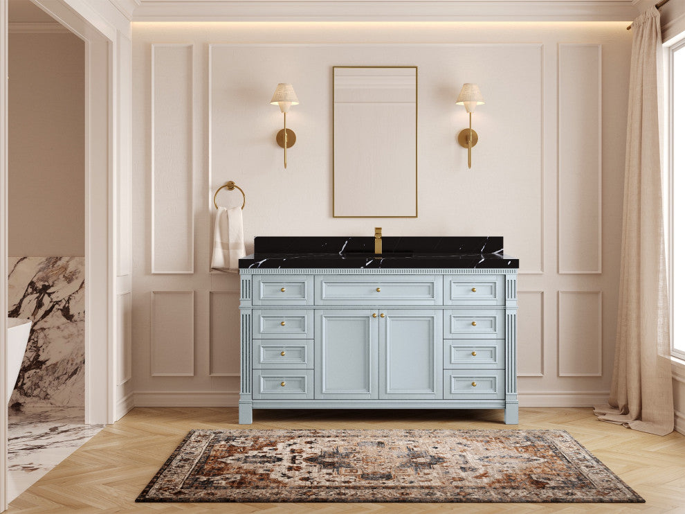 Paris 60" Single Sink Bathroom Vanity, Blue Heather 2" Calacatta Black