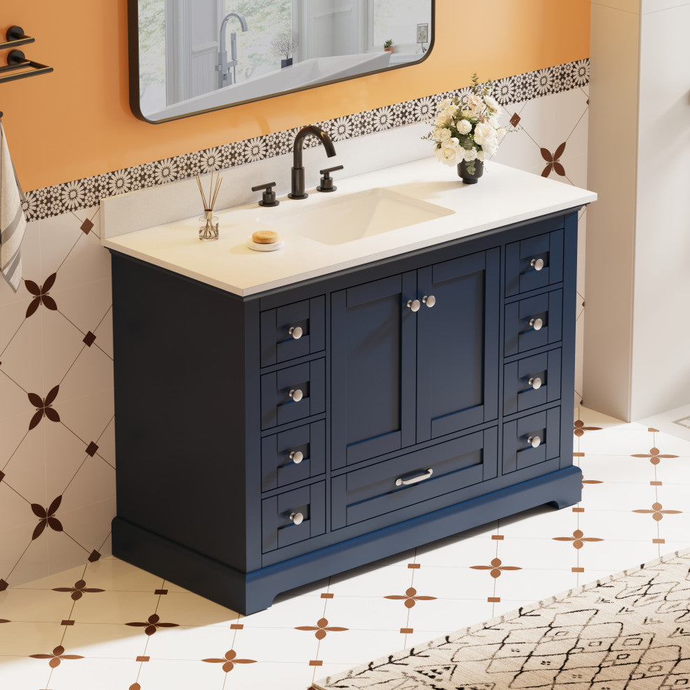 48" Freestanding Bathroom Vanity with White Cultured Marble Top in White