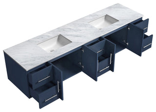 Geneva 84 Navy Blue DB Vanity, White Carrara Marble Top, Square Sinks, no Mirror